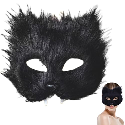 Womsclo Katzenmaske Halbgesicht Langes Plüschfuchs -Maske künstliche realistische Therian Maske Schwarze Tiermaske für Maskerade, Halloween, Dress -up, Cosplay, Katzenmaske von Womsclo