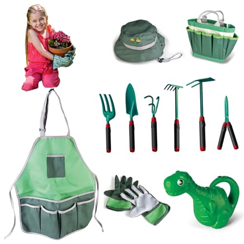 Womsclo Kids Gardening -Werkzeuge, 11PCS Green Garden Tool mit Einkaufstasche, Dinosaurierwässerung, Schürze & Fischmannhut, Kleinkind Gartenset für Outdoor -Spiele von Womsclo