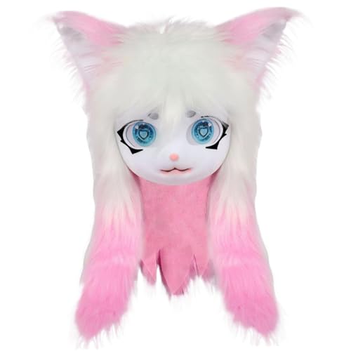 Womsclo Pelzmaske, Vollkopf -Therian -Maske mit Langen Haaren, Pursuit -Masken für Halloween Maskerade Cosplay -Kostümprops (Pink) von Womsclo