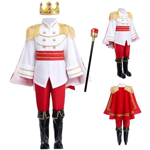 Womsclo Prince Kostüm für Jungen, 1Set Langarm Tunika Top Prince Charming Kostüm mit Crown & Cane, Prince Dress Up für Jungen (130 cm) von Womsclo