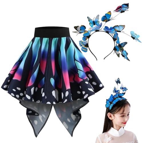 Womsclo Schmetterlingsrock mit Schmetterling Stirnband simuliertes bedrucktes Schmetterling Kostüm Schmetterlingskleid für Tanzparty Cosplay Dress-up, XL, Schmetterling Kostüm von Womsclo