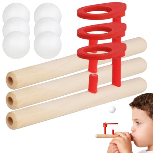 Womsclo Schwimmendes Ballspielzeug, 3 Sets Holz schwimmende Bloprohrbällchen Spiel Spielzeug, Blasenpfeife Kugeln Spielzeug, Stressablastung Balance -Blowing Spielzeug für Kleinkindkinder von Womsclo