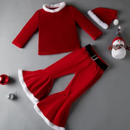 Womsclo Weihnachts -Outfit für Baby Girls 3PCS/Set Santa Claus Kostüm mit Langarm -Flare -Hosen und Hut Weihnachtsmann Elf Kostüm für Mädchen Weihnachts -Cosplay -Kostüm Fit Height 31,5 Zoll von Womsclo