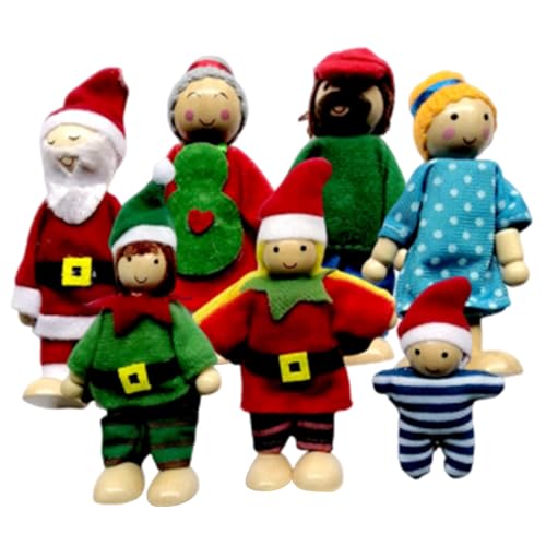 Womsclo Weihnachtspuppenhaus Familie 7PCS/Set hölzerne bewegliche gemeinsame Puppenhaus-Menschen Interaktive Eltern-Kind-Puppenhaus-Familie für das Spielen Dekoration, Weihnachtspuppenhaus von Womsclo