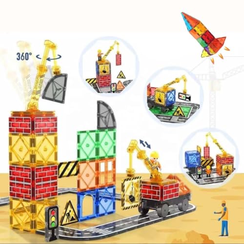 Wonder Toys 63 Teile Cityscape Magnetisches Bauset mit Kran und Verkehrsschildern Original Magnetisches Konstruktionsspielzeug von Wonder Toys