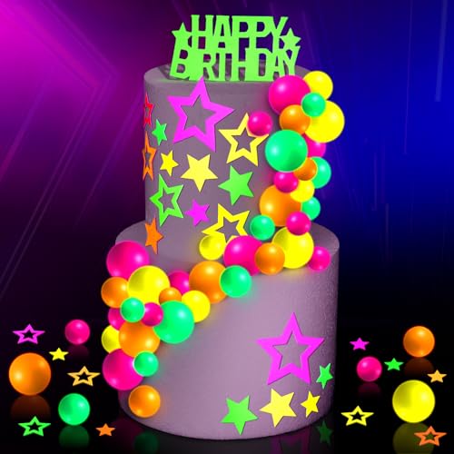 Wonderjune 57 Stück leuchtende Kuchendekorationen für Neongeburtstagsparty-Dekorationen, leuchtet im Dunkeln, Themen-Picker für Cupcakes, Happy Birthday, Sternkugeln, Cupcake-Topper, Zubehör, bunte Wonderjune 57 Stück leuchtende Kuchendekorationen für Neongeburtstagsparty-Dekorationen, leuchtet im Dunkeln, Themen-Picker für Cupcakes, Happy Birthday, Sternkugeln, Cupcake-Topper, Zubehör, bunte von Wonderjune