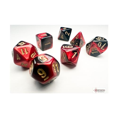 Chessex Mini-Würfel mit goldfarbenen Zahlen, 10 mm, Schwarz und Rot, 7 Stück von Wondertrail