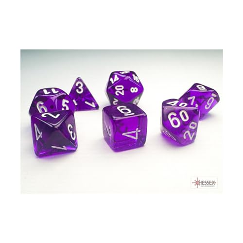 Chessex Mini-Würfel mit weißen Zahlen, 10 mm, Violett, durchscheinend, 7 Stück von Wondertrail