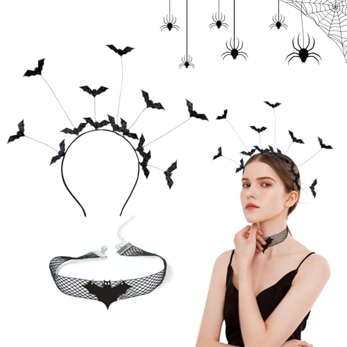 Wondora 2 Stück Halloween Spinnen Haarreif, Halloween Kopfschmuck Vampir Fledermaus Haarband, Schwarze Seidenspitze Fledermaus Halskette, Frauen Kostüm Zubehör Halloween Rollenspiel Requisiten (B) von Wondora