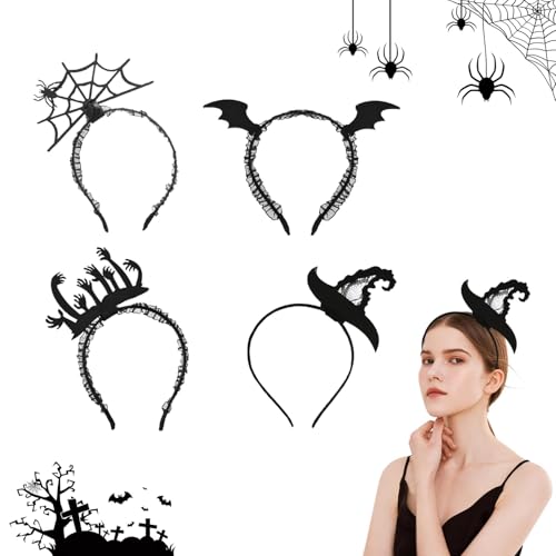 Wondora 4 Stück Halloween Spinnen Haarreif, Spider Headband Halloween-Kostüme set, Halloween Kopfschmuck Spinnen, Erwachsene Mardi Gras Party Hexenhut Spinnennetz Teufelsflügel Stirnband von Wondora