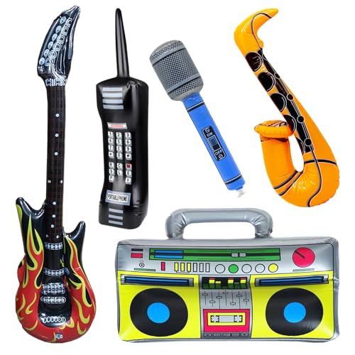 Wondora 5 Stück Aufblasbare Instrumente, Aufblasbare Party Props Luftgitarren zum Aufblasen, Mikrofon Aufblasbar Saxophon, Radio, Mobiltelefon Ideal für Rave-Partys und Fotokabinen-Requisiten von Wondora