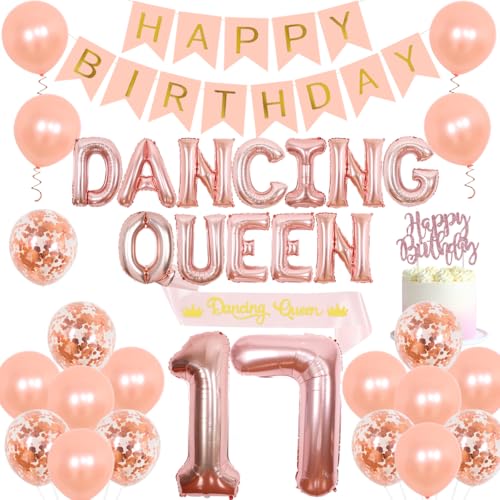 Dancing Queen 17. Geburtstag Dekoration Rose Gold für Mädchen Dancing Queen Nummer 17 Luftballons Schärpe mit Happy Birthday Banner Tortenaufsatz Krone Konfetti Luftballons von Wonmelody