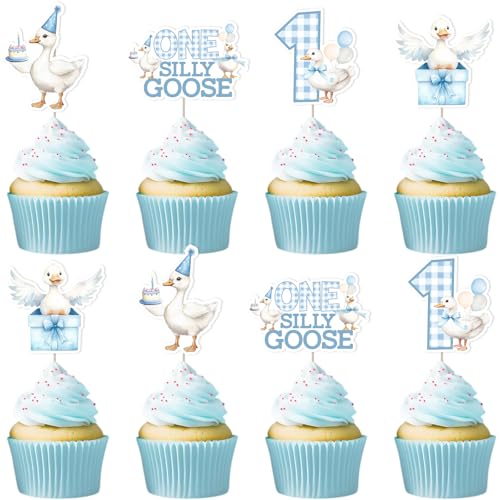 Wonmelody Goose First Birthday Decorations for Boy 24Pcs One Silly Goose Cake Topper Blue Goose Cupcake Toppers One Silly Goose Birthday Decor Farm Animal First Birthday Supplies for Funny Goose Bash von Wonmelody