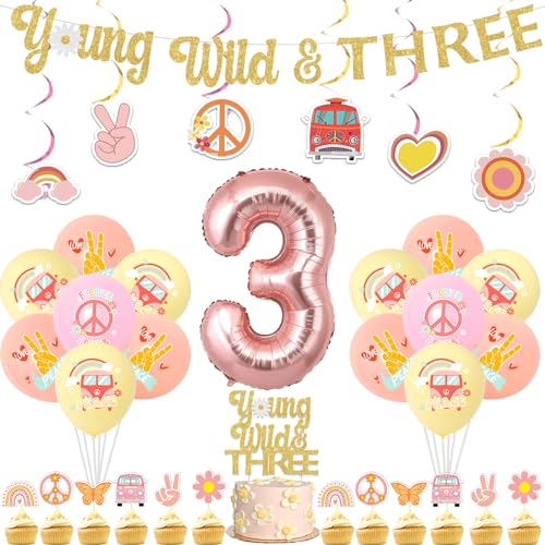 Wonmelody Groovy 3rd Birthday Decorations Young Wild and Three Banner Groovy Party Decor Daisy Hanging Swirls Three Groovy Birthday Decor Cake Topper Groovy Retro Boho Hippie 3rd Birthday Party Decor von Wonmelody