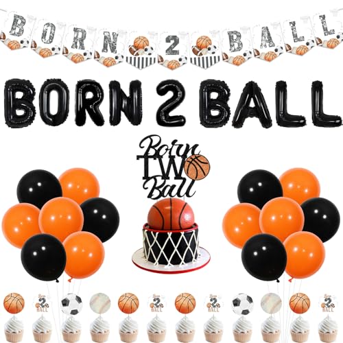 Wonmelody Sports 2nd Birthday Party Decorations Born 2 Ball Balloon Banner Sports Theme Birthday Party Decors with Basketball Happy Birthday Banner Cake Topper Football Rugby Soccer Party 2nd Boys von Wonmelody