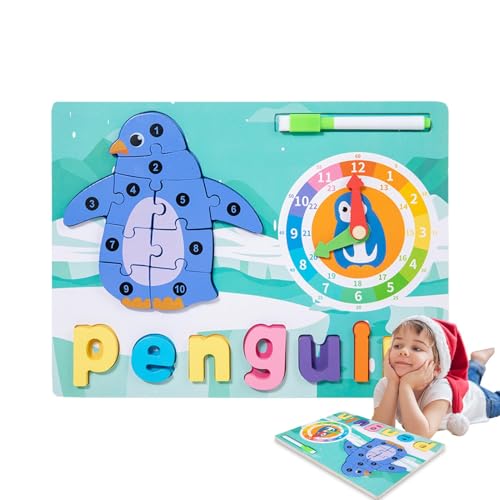 Wonsfuleu Tierpuzzles aus Holz für Kleinkinder,Tierpuzzle für Kleinkinder - Niedliches Elefanten-Pinguin-Form-Sortierpuzzle | Lernaktivitäten, Tierpuzzle mit Lernuhr-Buchstaben-Matching-Spiel für von Wonsfuleu