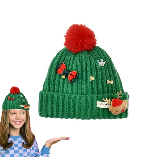 Wonsfuleu Weihnachts-Wintermütze, Weihnachtsstrickmütze, Warme Bommel-Strickmütze, Weihnachtsmannmütze, bedruckte Wollmütze, Winterstrickmütze für Kinder von Wonsfuleu