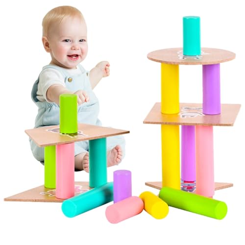 Wonsfuleu Zylinder-Stapelspielzeug, Zylinderblöcke für Kinder - Buntes Holzbaustein-Set,Aktivitätsspielzeug für und Mädchen ab 3 Jahren, Feinmotorikspielzeug, frühes Lernspielzeug von Wonsfuleu