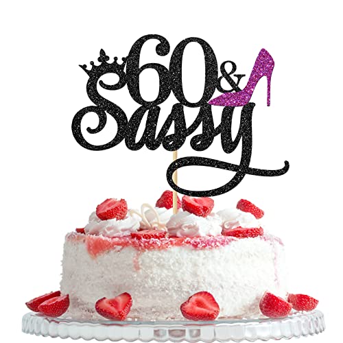 60 & Sassy Cake Topper, 60th Birthday Party Decorations, Hello 60 Year- 60 and Fabulous Thema Cake Decors for Woman, Female 60 Years Old Birthday Anniversary Supplies, Schwarz & Violett von Woobobii