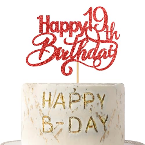 Happy 19th Birthday Cake Topper, 19th Birthday Party Dekorationen, Hello 19, 19 and Fabulous Thema Cake Decors, 19 Years Old Birthday Anniversary Supplies, Red Glitter von Woobobii