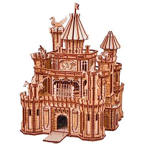 Wood Trick Dragon Castle Moveable Wooden 3D Puzzles for Adults and Kids to Build - Red LED - Greensleeves Melody - Towers Rotating - Engineering DIY Project Mechanical Model Kits for Adults Models von Wood Trick