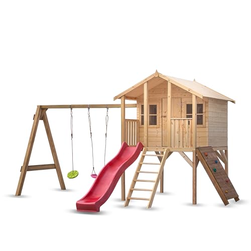 Wood & Play Borys Kinderspielhaus - DIY Einfacher Zusammenbau - Robuste und langlebige Konstruktion - Holz - Unbedenkliches, nachwachsendes Material - 425 x 300 cm + Rutsche, Schaukel und Kletterwand von Wood & Play
