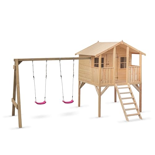 Wood & Play Borys Kinderspielhaus - DIY Einfacher Zusammenbau - Sichere, robuste und langlebige Konstruktion - Holz - Unbedenkliches, nachwachsendes Material - 425 x 300 cm + Schaukel von Wood & Play