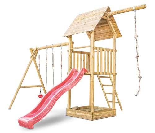 Wood&Play Harry Spielturm mit Doppelschaukel und Kletterseil - Holzspielzeug für draußen, Holzspielgeräte für den Garten, einfach zu montieren, 297 x 343 cm von Wood & Play