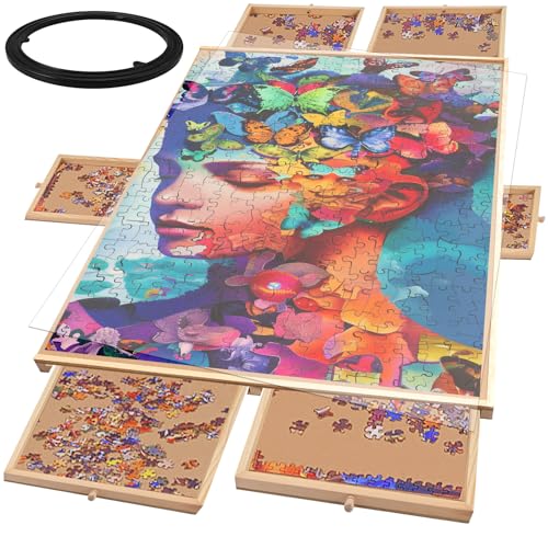 Wooderma 1500 Teile Puzzletisch mit 6 Schubladen, drehbares Puzzlebrett mit Puzzleabdeckung, Spinning Puzzle Boards für Erwachsene, 89x69cm tragbarer Puzzle-Tisch von Wooderma