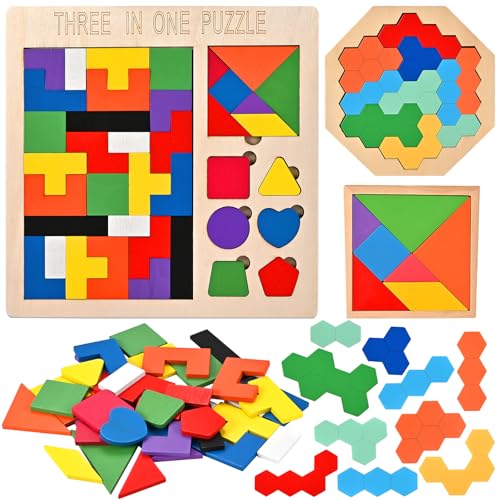 Wooderma 3D Puzzle Tetris Spiel Kinder, Montessori Spielzeug, 3 in 1 Holzpuzzle Kinder, Tangram Puzzle, Kreativ Lernspielzeug, Geschicklichkeitsspiele ab 3 4 5 Jahre, Geschenk für Jungen Mädchen von Wooderma