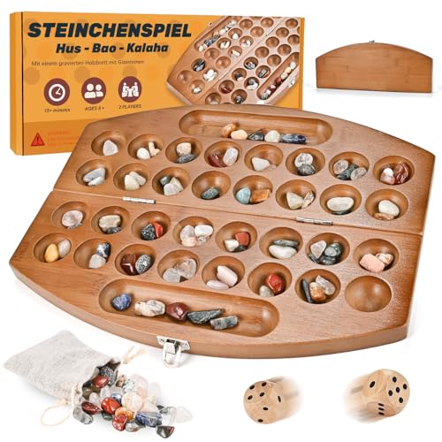 Wooderma Hus - Bao - Kalaha - Steinchenspiel - Mancala aus Holz mit Edelsteinen, Edelsteinspiel, Muschelspiel, Bohnenspiel für 2 Spieler von Wooderma