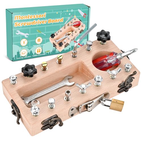 Wooderma Montessori Spielzeug ab 3 4 5 Jahre, Holz Schraubbrett, Busy Board Holzspielzeug, Schraubendreher Brett, Lernspielzeug, Kinderspielzeug, Motorikspielzeug, Geschenk für Mädchen Jungen von Wooderma