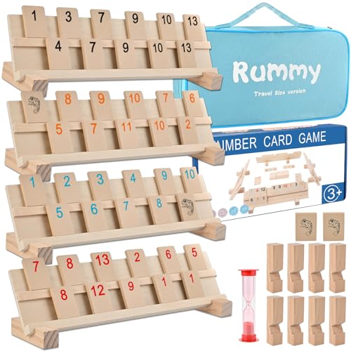 Wooderma Rummy Holz Spiel, Gesellschaftsspiel ab 6 Jahren, Holz Wooden Rummy Set mit 106 Spielsteinen, Hochwertiges Brettspiel, Rummy Holzspiel für 2 bis 4 Spieler, Legespiel Erwachsene Kinder von Wooderma