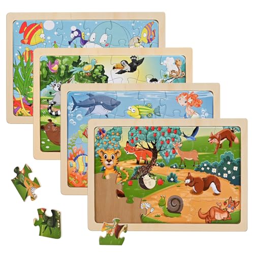 Wooderma Tiere Puzzle ab 3 4 5 Jahre, 4x24 Teilen Holzpuzzles für Kinder, Kinderpuzzle Holz Puzzles Kinderspielzeug, Vorschule Lehrreiches Spielzeug Montessori, Geschenke für Kinder Mädchen Jungen von Wooderma