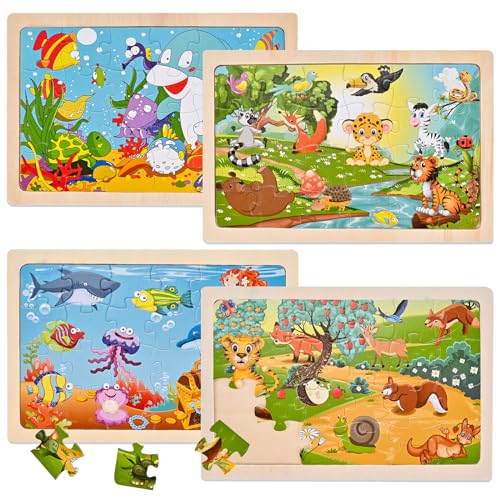 Wooderma Tiere Puzzle ab 3 4 5 Jahre, 4x24 Teilen Holzpuzzles für Kinder, Kinderpuzzle Holz Puzzles Kinderspielzeug, Vorschule Lehrreiches Spielzeug Montessori, Geschenke für Mädchen Jungen von Wooderma