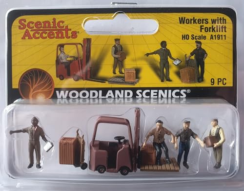 Woodland Scenics A1911 Figuren 4 Lagerarbeiter mit kleinem Gabelstapler Palette Kisten Set Workers with Forklift Diorama Bahnhof VerladestelleSpur H0 HO 1:87 von Woodland Scenics