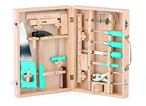 Woody 91800 Werkzeugschrank , Werkschrank ,16 teiliges Set. Werkzeugkoffer Holz Natur von Woody