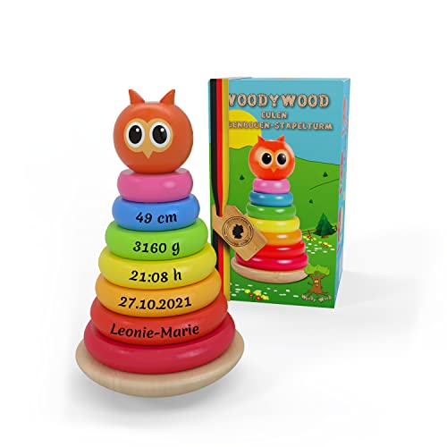 WoodyWood® - Personalisierter Eulen-Stapelturm aus Holz für Baby und Kinder ab 1 Jahr, 10-teilige Pyramide zum Stapeln, Stapelturm zur Förderung der Motorik und der Konzentration, Holzspielzeug von WoodyWood