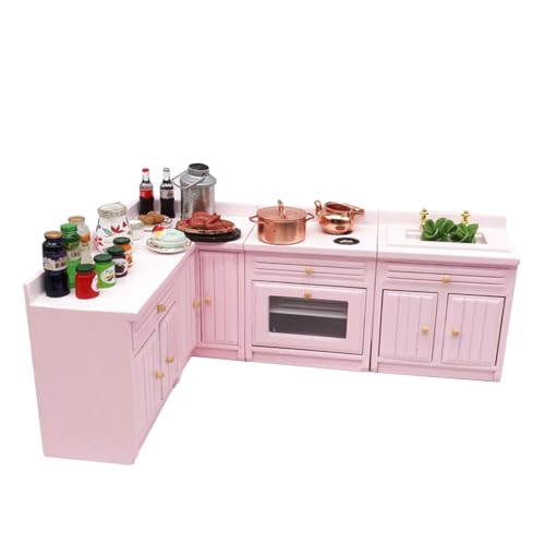 WoondXpuzzle 1/12 Maßstab Mini-Küchentheke und Spüle Set, Perfekt für Puppenhäuser und Sammlerausstellungen, realistisches Design für kreatives Spielen, Set von 4 in Rosa von WoondXpuzzle