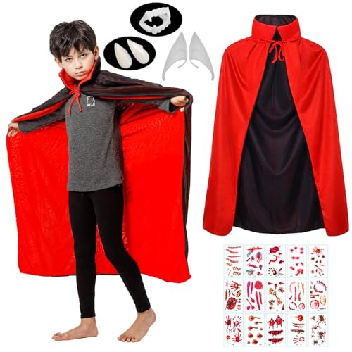 Woparty Vampir Kostüm Kinder Schwarz Rot Vampir Umhang Kinder Unisex Vampirumhang Mit Kragen Kinder 108cm/42.51in von Woparty