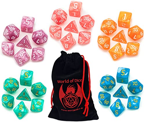 Pen and Paper Würfel Set - 35 polyedrische Würfel inkl. Würfeltasche, ideal für Dungeons and Dragons (D&D), Das Schwarze Auge (DSA), Splittermond und alle weiteren RPG-Systeme (SET4 (Candycream)) von World of Dice