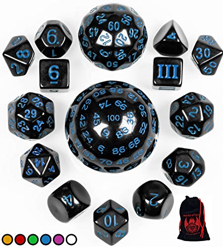 World of Dice - All-in-One Set - 15 Verschiedene polyedrische Würfel, von D100 bis D3, ideal für D&D, DSA, MTG, UVM. (blau) von World of Dice