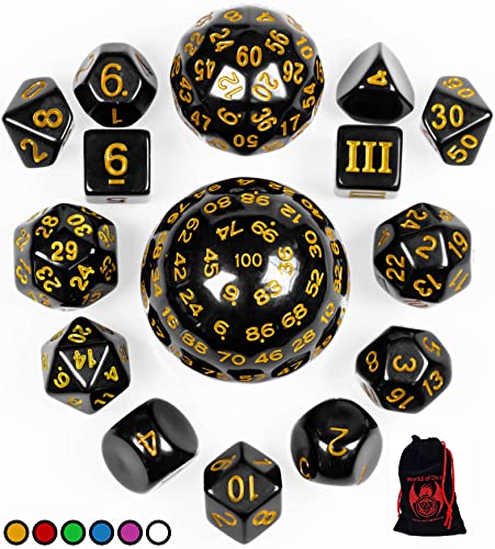 World of Dice - All-in-One Set - 15 Verschiedene polyedrische Würfel, von D100 bis D3, ideal für D&D, DSA, MTG, UVM. (gelb) von World of Dice