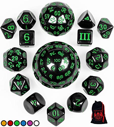 World of Dice - All-in-One Set - 15 Verschiedene polyedrische Würfel, von D100 bis D3, ideal für D&D, DSA, MTG, UVM. (grün) von World of Dice