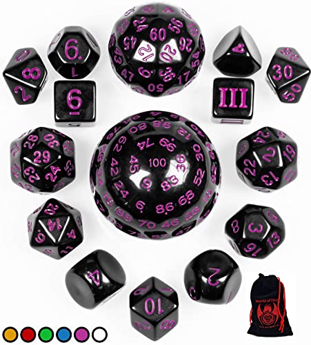 World of Dice - All-in-One Set - 15 Verschiedene polyedrische Würfel, von D100 bis D3, ideal für D&D, DSA, MTG, UVM. (lila) von World of Dice