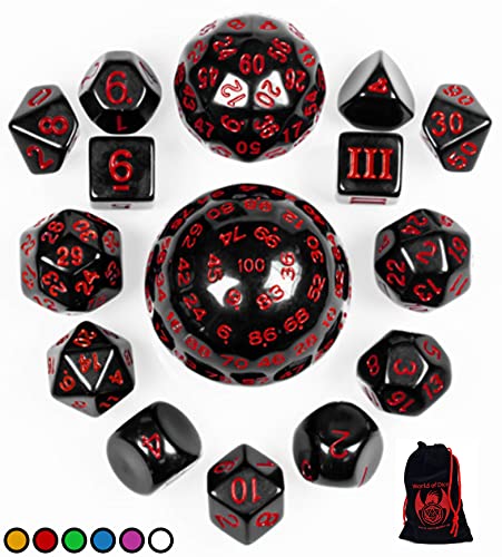 World of Dice - All-in-One Set - 15 Verschiedene polyedrische Würfel, von D100 bis D3, ideal für D&D, DSA, MTG, UVM. (rot) von World of Dice