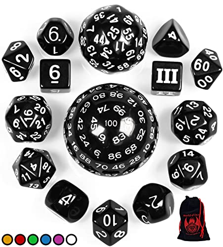 World of Dice - All-in-One Set - 15 Verschiedene polyedrische Würfel, von D100 bis D3, ideal für D&D, DSA, MTG, UVM. (weiß) von World of Dice