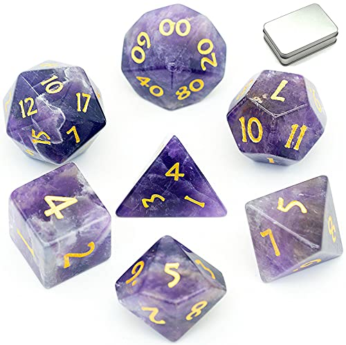 World of Dice - Amethyst Edition - edles Würfelset aus echtem Schmuckstein, 7-teiliges Würfelset für RPG, Pen and Paper, DND, DSA, D4 bis D20 von World of Dice