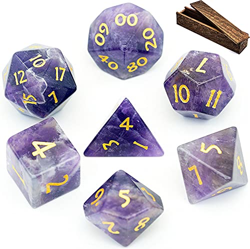 World of Dice - Amethyst Edition - edles Würfelset aus echtem Schmuckstein, 7-teiliges Würfelset für RPG, Pen and Paper, DND, DSA, D4 bis D20 von World of Dice