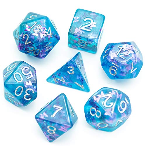 World of Dice Blue Butterfly - 7-teiliges Pen & Paper Würfelset, Rollenspiel-Würfel, Einsteigerset, für DND, DSA, Aborea, 20-seitige Würfel, blau von World of Dice